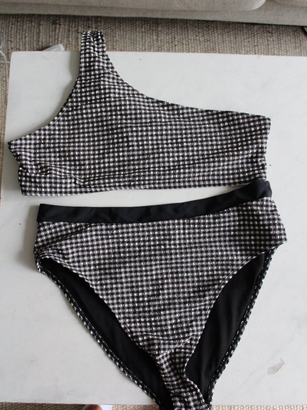 Missguided Black White Gingham Asymmetric One Shoulder High Waisted Bikini Set